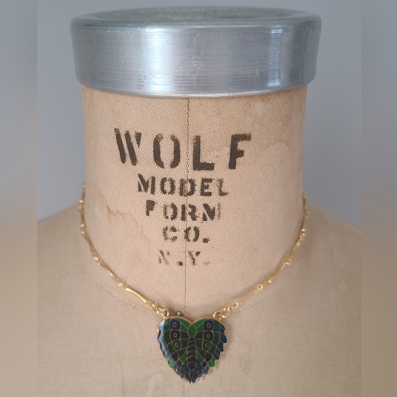 Vintage Enamel/Epoxy Heart Pendant Necklace with Butterfly Center - Picture 1 of 7
